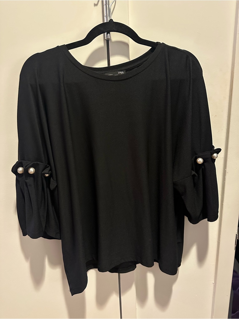 Zara Black Blouse with Pearl Sleeve Tabs